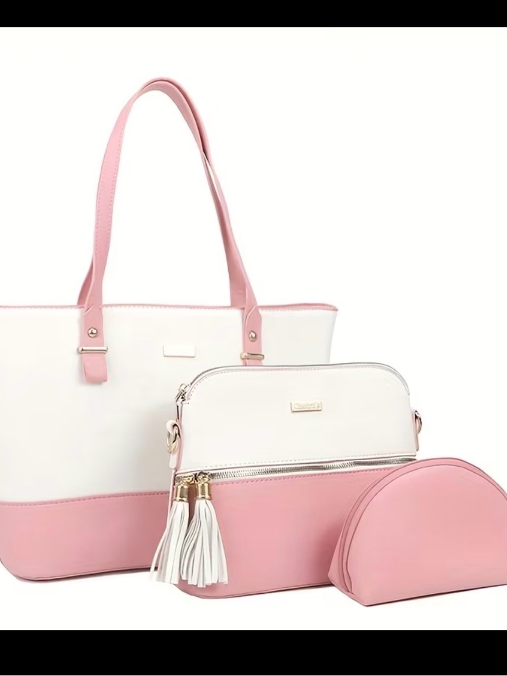 3-Piece Pink and White Tote Bag Set - Stylish Women’s Handbag Collection
